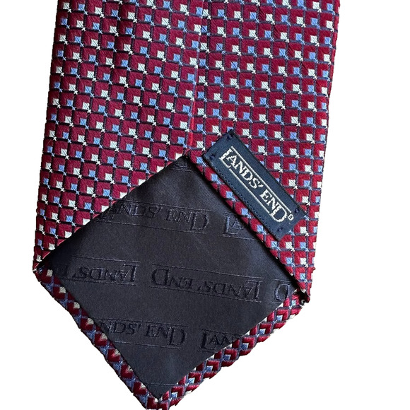 Lands End Neck Tie Adult Mens Red Blue Geometric 100% Silk USA Made Necktie - Picture 6 of 8
